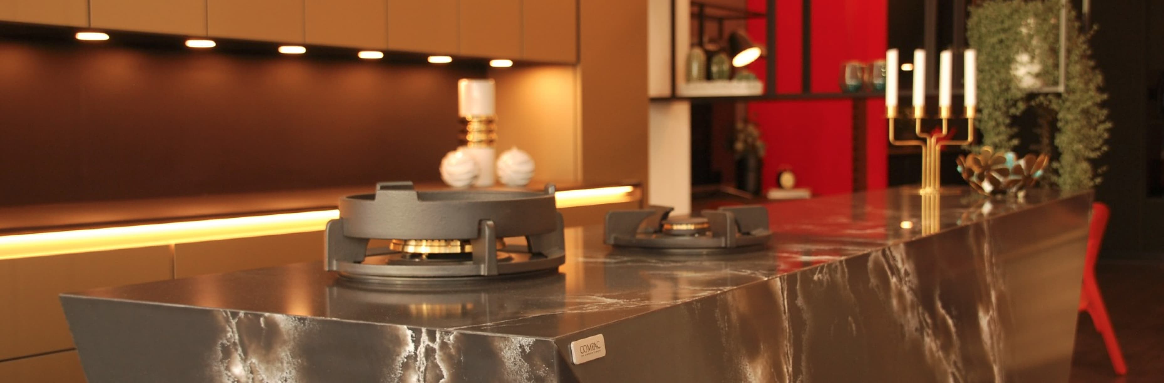 show room kitchen design with marbel and wood style in the middle of the room