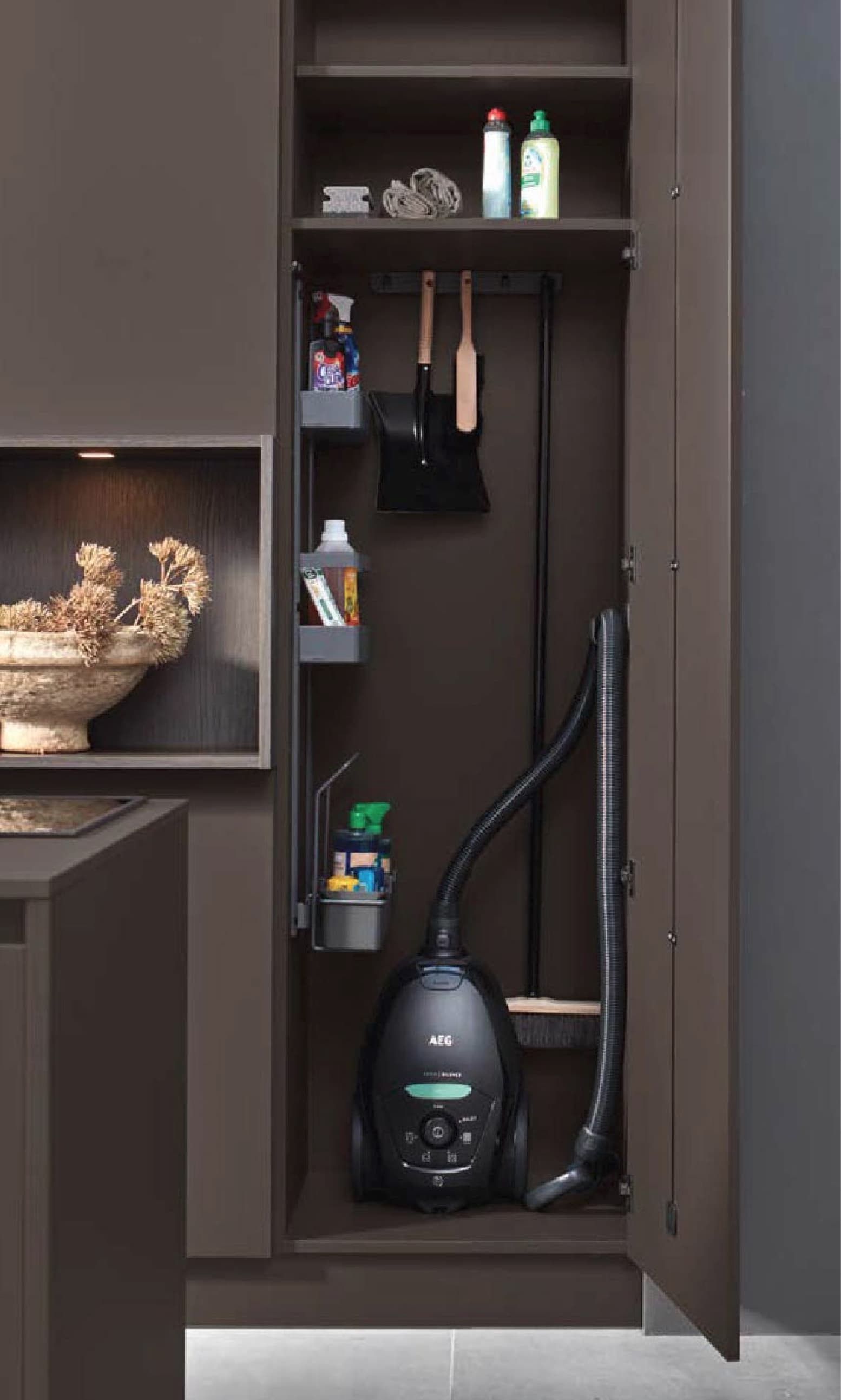 wall cabinet with white color and wood style with a lot of space to put your tools and other cleaning stuffs in it